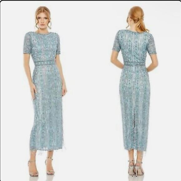 NWT Mac Duggal 5980 Size 6 High Neck Crystal Fringe French Blue Beaded - Picture 3 of 9